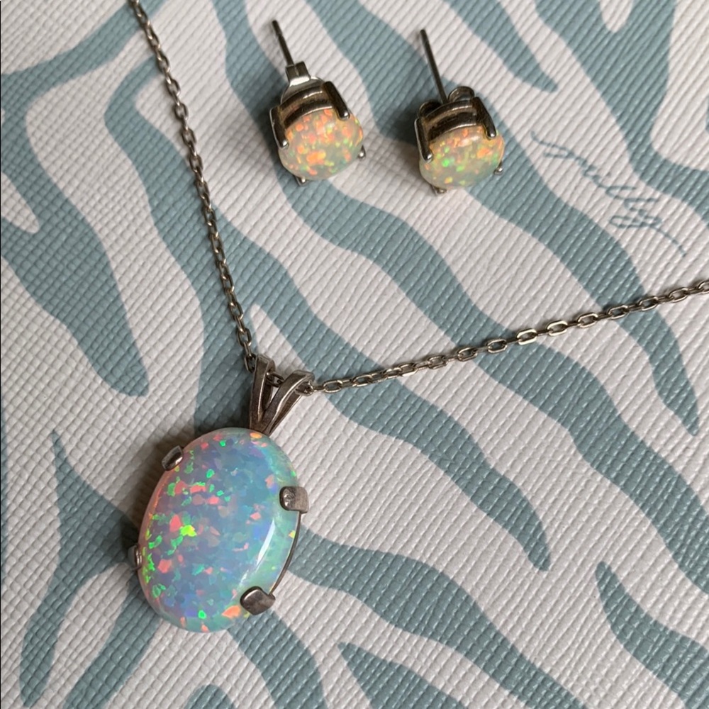 Opal Necklace and Earring Set in Silver